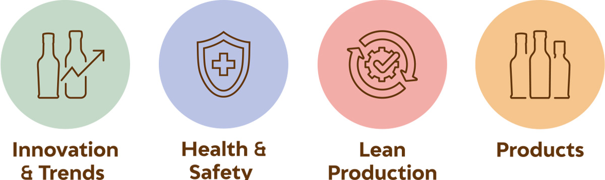Icone stilizzate dei pilastri Acetum: innovazione, sicurezza, produzione snella e prodotti