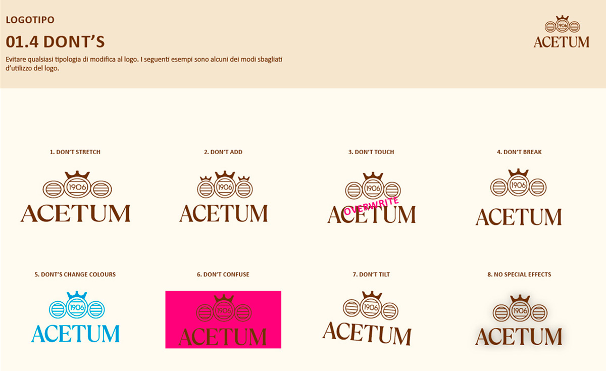 Regole d’uso del logo Acetum con esempi visivi di errori da evitare