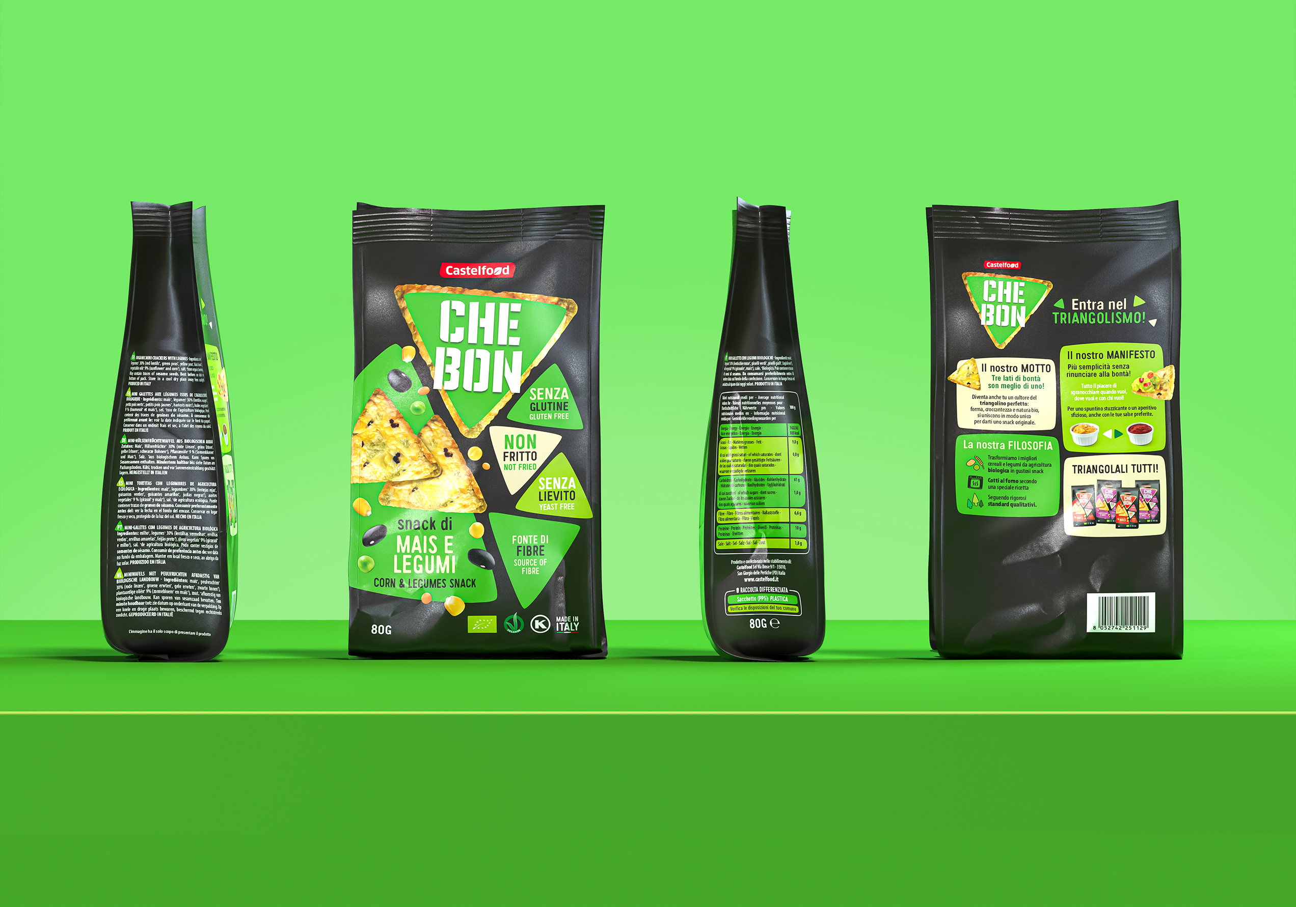Vista frontale, posteriore e laterale del pack Che Bon snack di mais e legumi su sfondo verde brillante