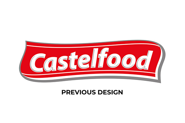 Vecchio logo Castelfood con scritta bianca su onda rossa bordata di grigio