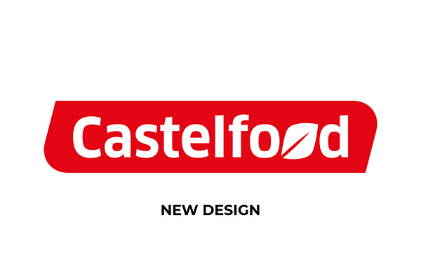 Nuovo logo Castelfood con scritta bianca e foglia stilizzata nella 'o', su fondo rosso piatto