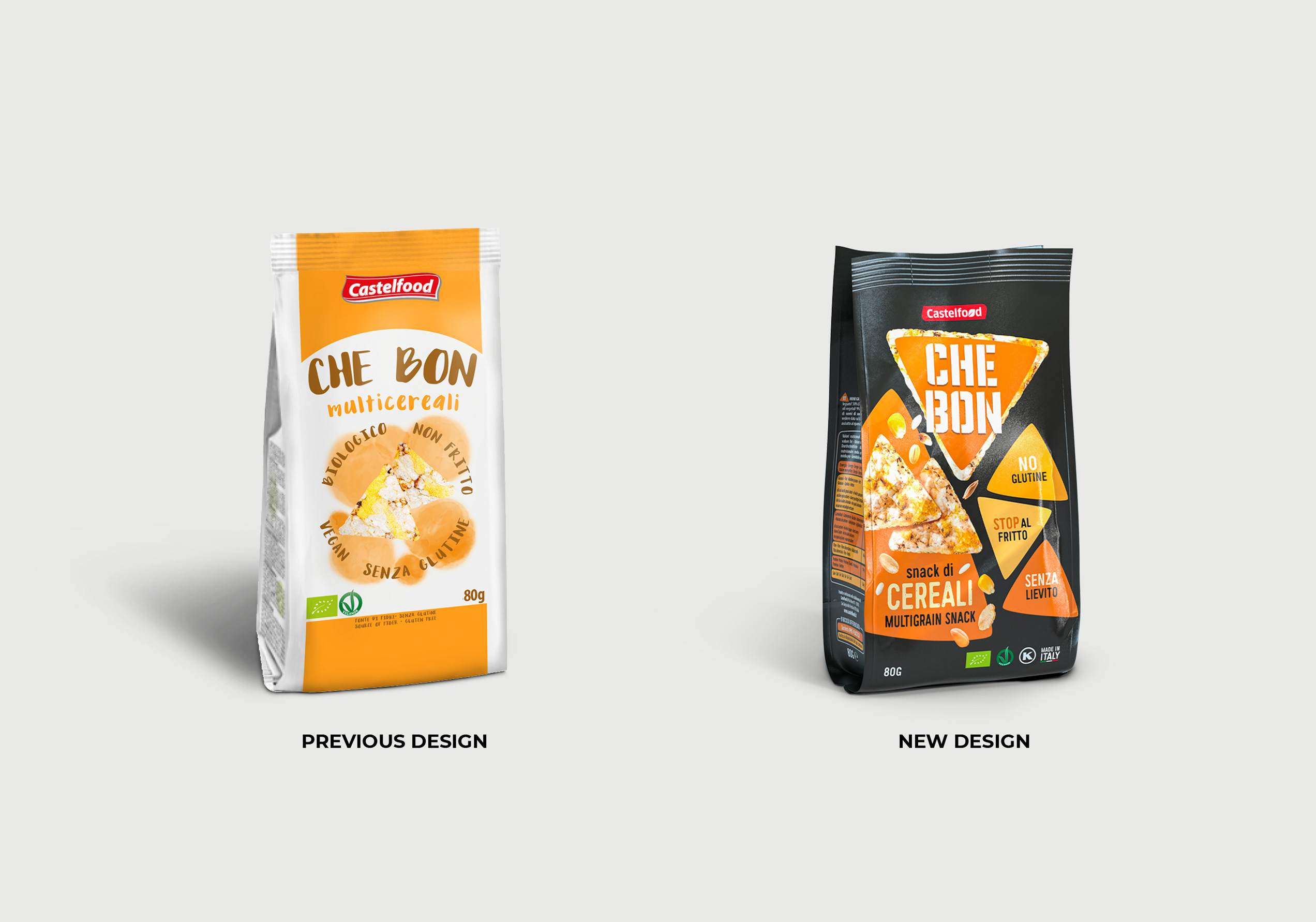 Confronto tra vecchio e nuovo design della confezione Che Bon multicereali di Castelfood