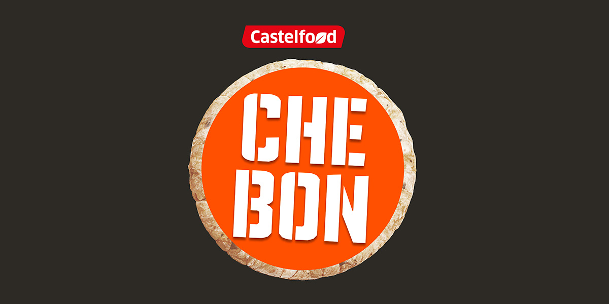 Logo Che Bon Castelfood su sfondo nero con forma circolare e grafica arancione