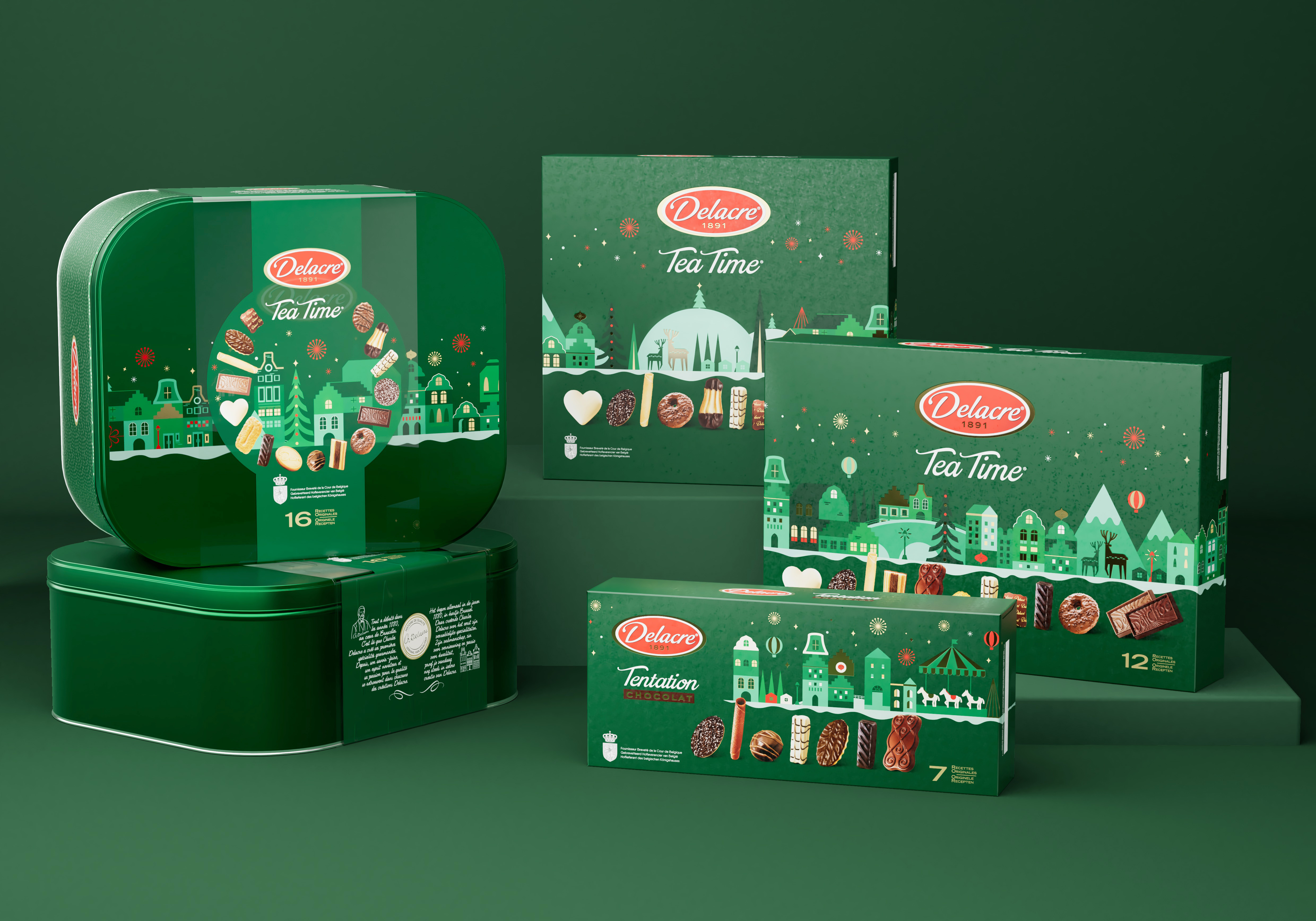 Collezione Delacre Tea Time con confezioni e scatole in latta verde scuro, decorate con illustrazioni festive e biscotti assortiti