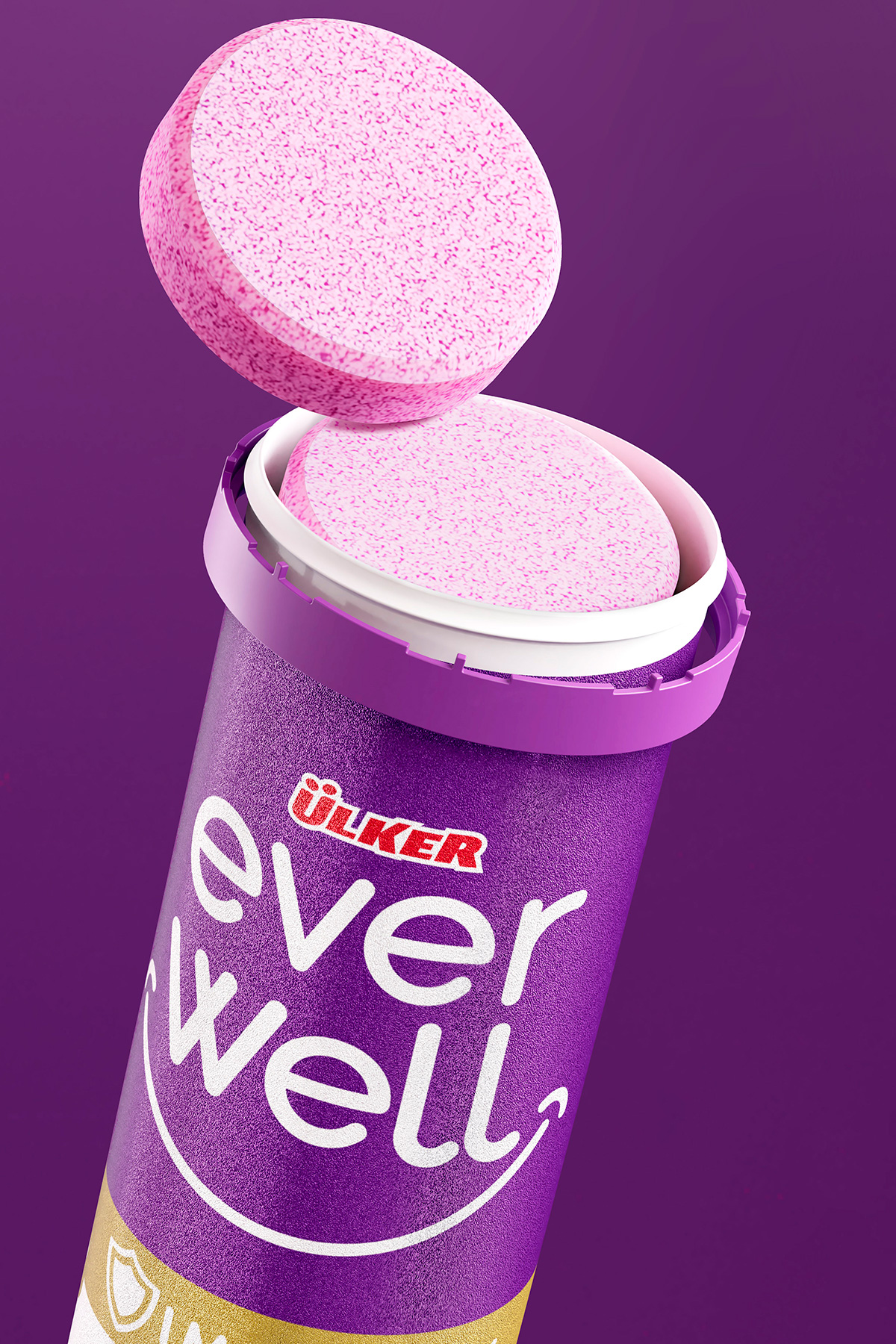 Dettaglio della confezione viola Everwell con apertura e compressa effervescente visibile