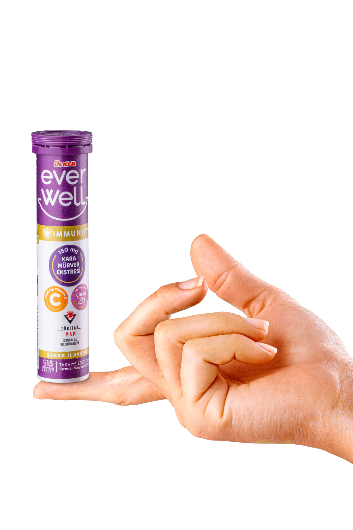 Integratore alimentare Ülker Everwell Immunity con sambuco, vitamina C e zinco sorretto con leggerezza da due dita