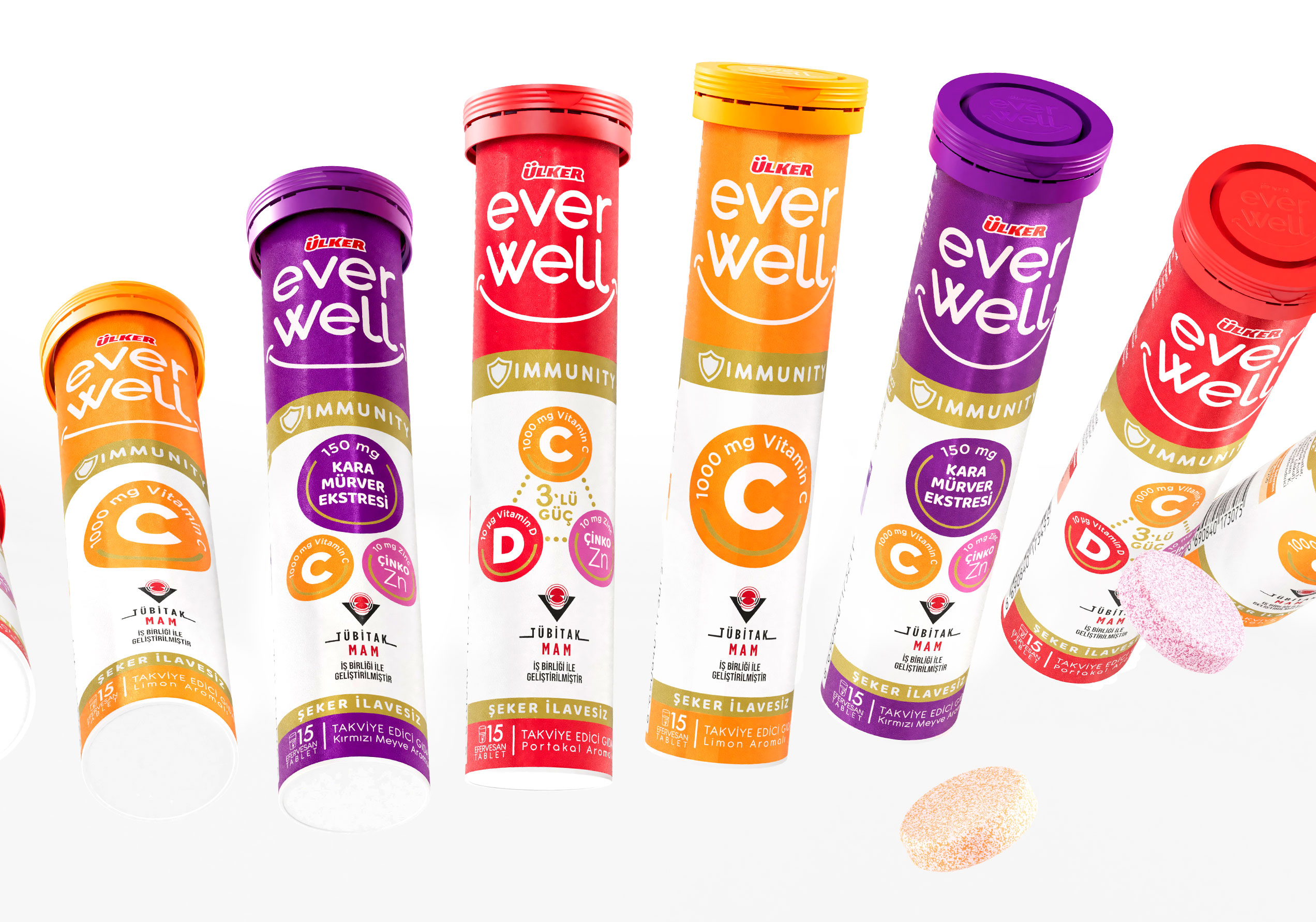 Visual diagonale dinamico della gamma Everwell su sfondo bianco con compresse fluttuanti