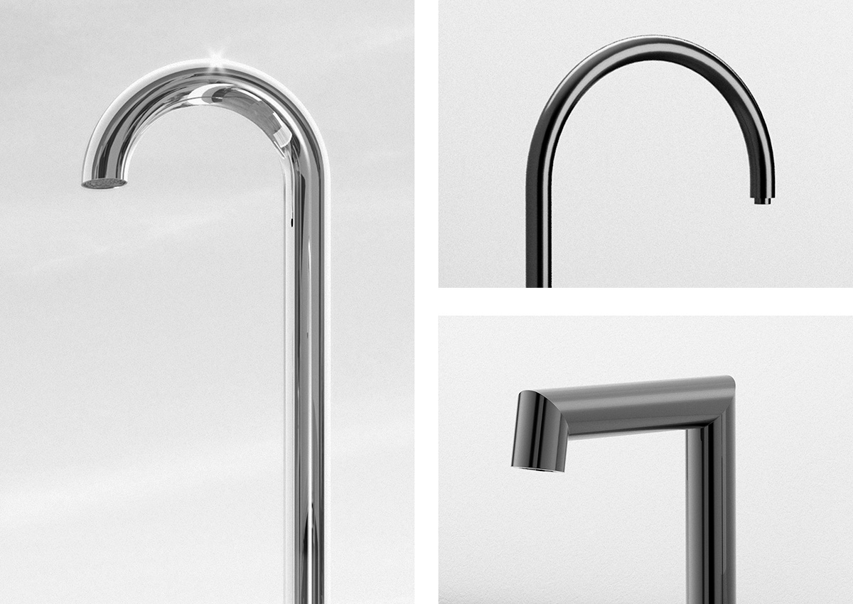 Tris di bocchette Fontealta dalle forme eleganti: ad arco, ad angolo e a curva morbida, su fondo neutro