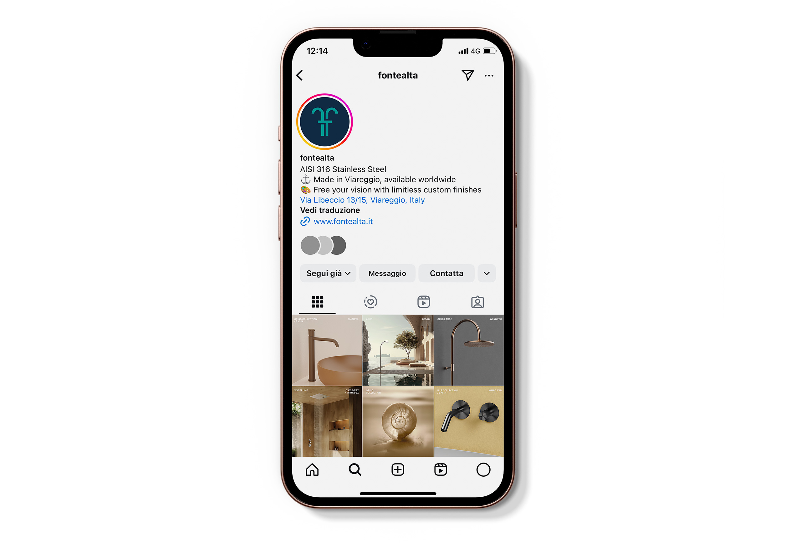 Schermata del profilo Instagram di Fontealta su smartphone, con bio, logo e anteprima dei post in evidenza, che mostrano rubinetti e ambienti eleganti