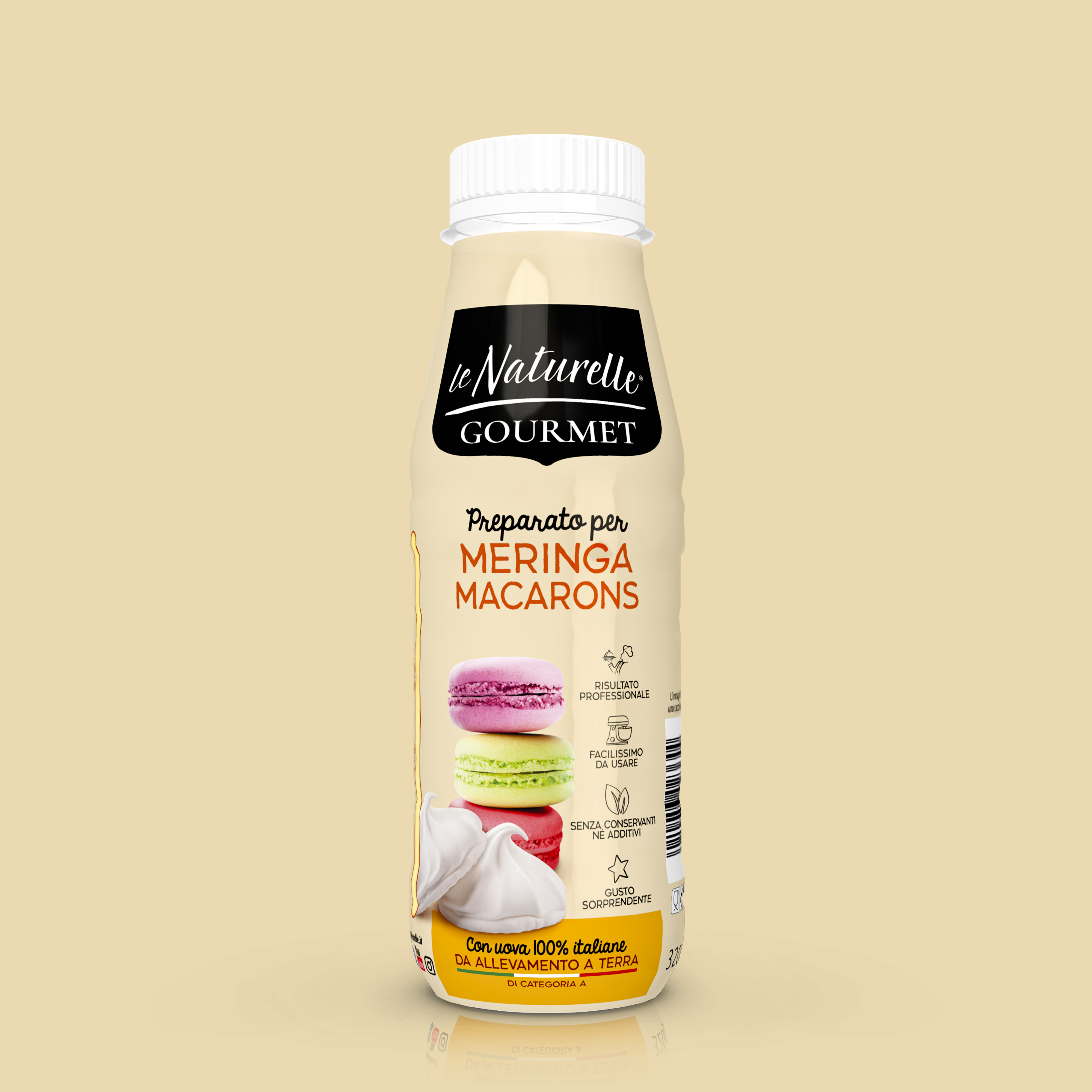 Bottiglia Le Naturelle Gourmet con preparato per Meringa e Macarons, con illustrazione di dolci colorati