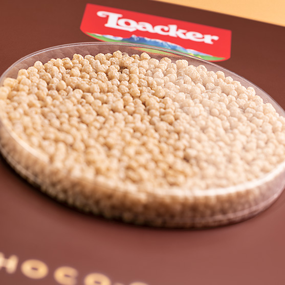 Dettaglio macro del wafer croccante soffiato all’interno della confezione Loacker Choco-Crisp