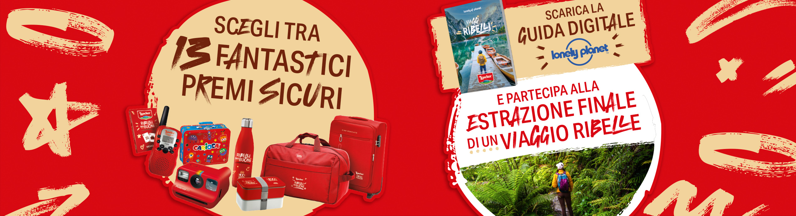 Grafica promozionale Loacker con 13 premi sicuri, guida digitale Lonely Planet e concorso finale per vincere un viaggio ribelle. In primo piano i premi brandizzati: zaino, valigia, lunch box, fotocamera, borraccia e giochi per bambini