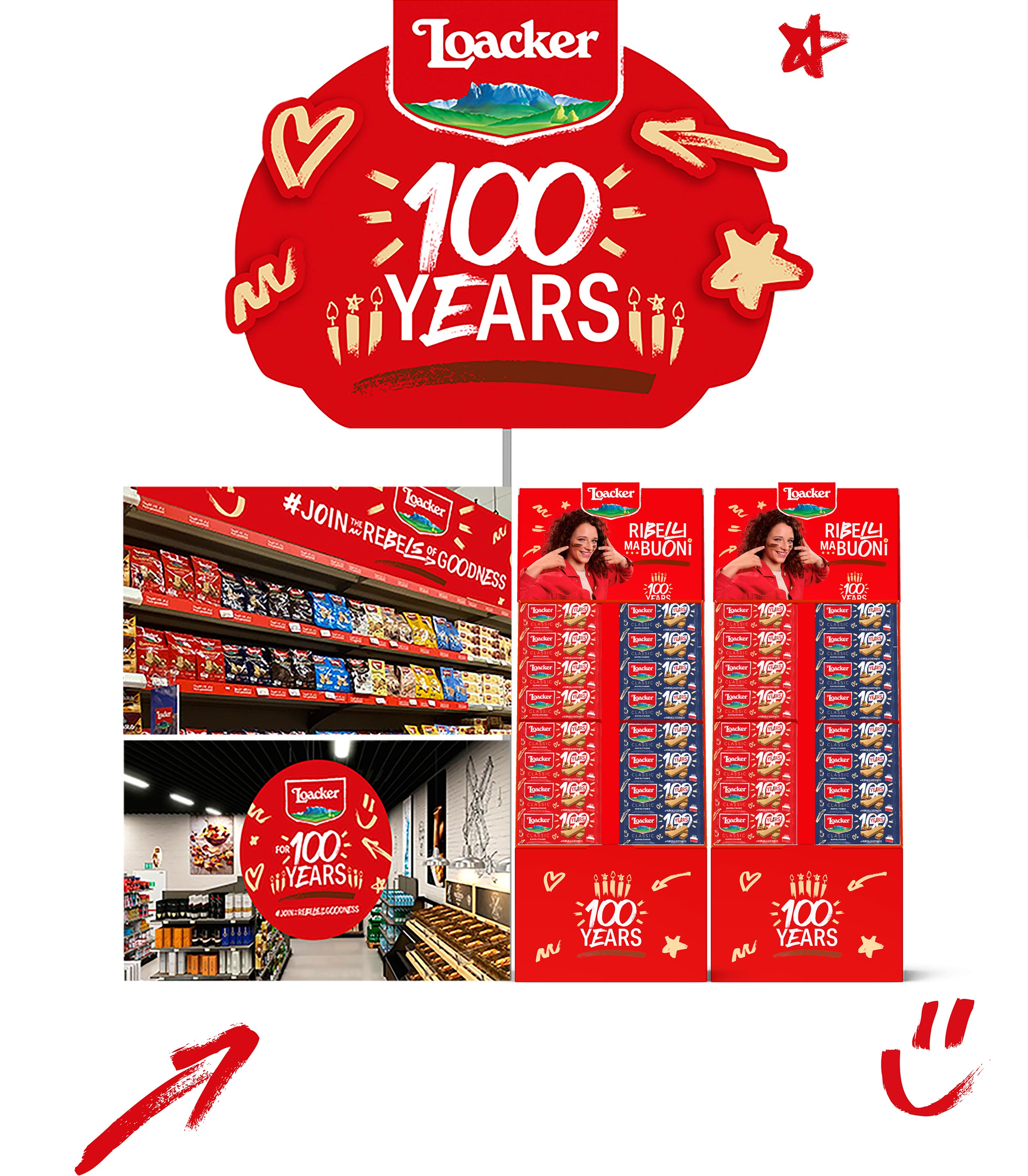 Esposizione Loacker dedicata ai 100 anni del brand in vari punti vendita: testate di gondola, isole promozionali e scaffali personalizzati con la comunicazione “Join the Rebels of Goodness” e packaging celebrativi rossi