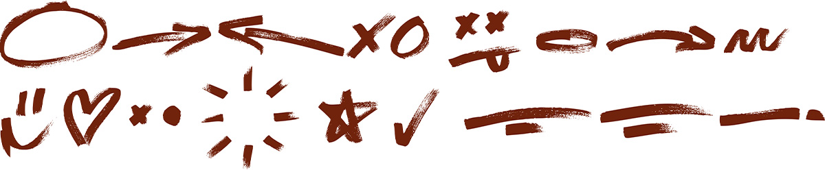 Insieme di illustrazioni grafiche stilizzate come frecce, stelline, cuori, linee e simboli, tutti in marrone su fondo bianco