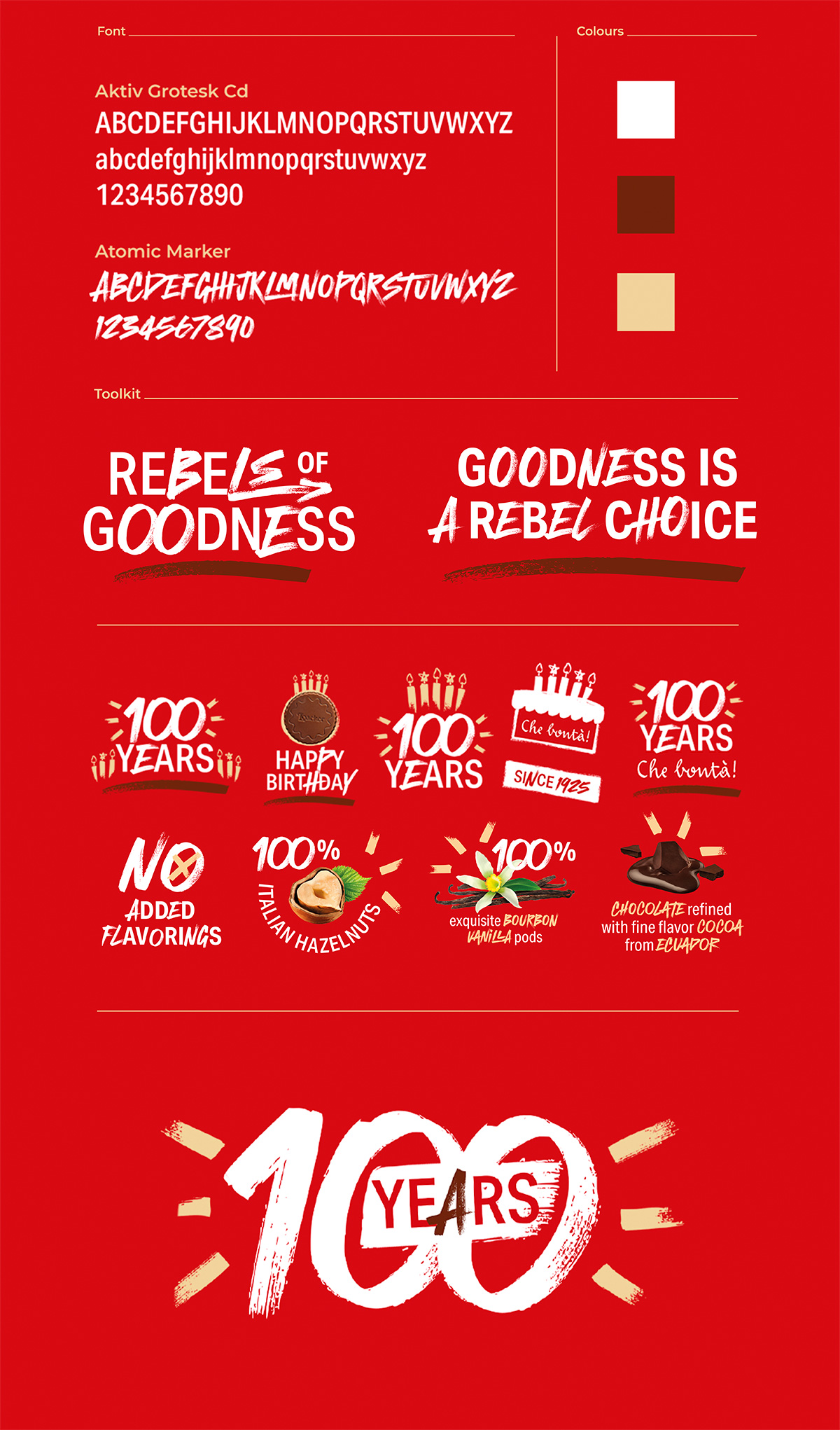Panoramica grafica su font, palette colori e simboli chiave della campagna Rebels of Goodness, con elementi come “100 years”, ingredienti naturali e frasi distintive