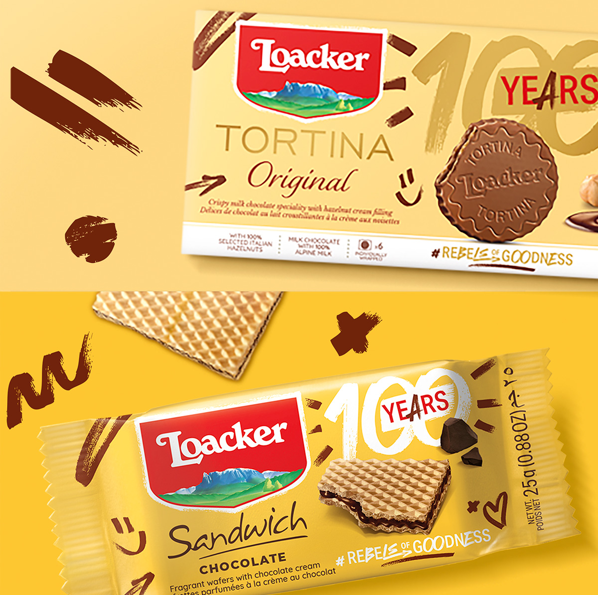 Due confezioni: Tortina Original e Sandwich Chocolate, con grafiche celebrative dei 100 anni e segni decorativi giallo-marroni