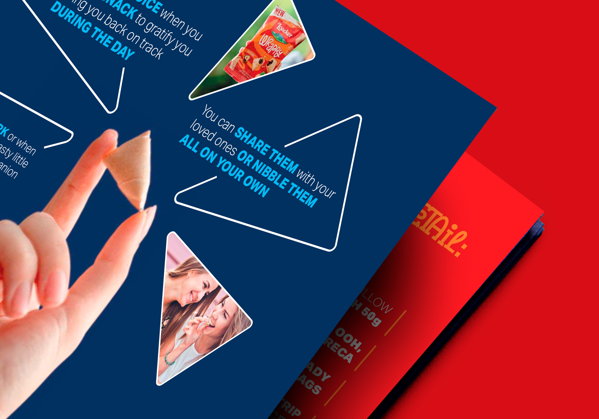 Primo piano di una mano che tiene un singolo wafer Loacker Wrappy, accompagnato da grafiche illustrative