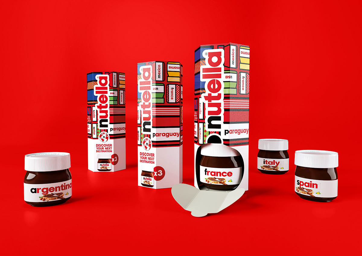 Confezioni Nutella e barattolini personalizzati con nomi di Paesi come France, Italy e Argentina, su sfondo rossoConfezioni Nutella e barattolini personalizzati con nomi di Paesi come France, Italy e Argentina, su sfondo rosso