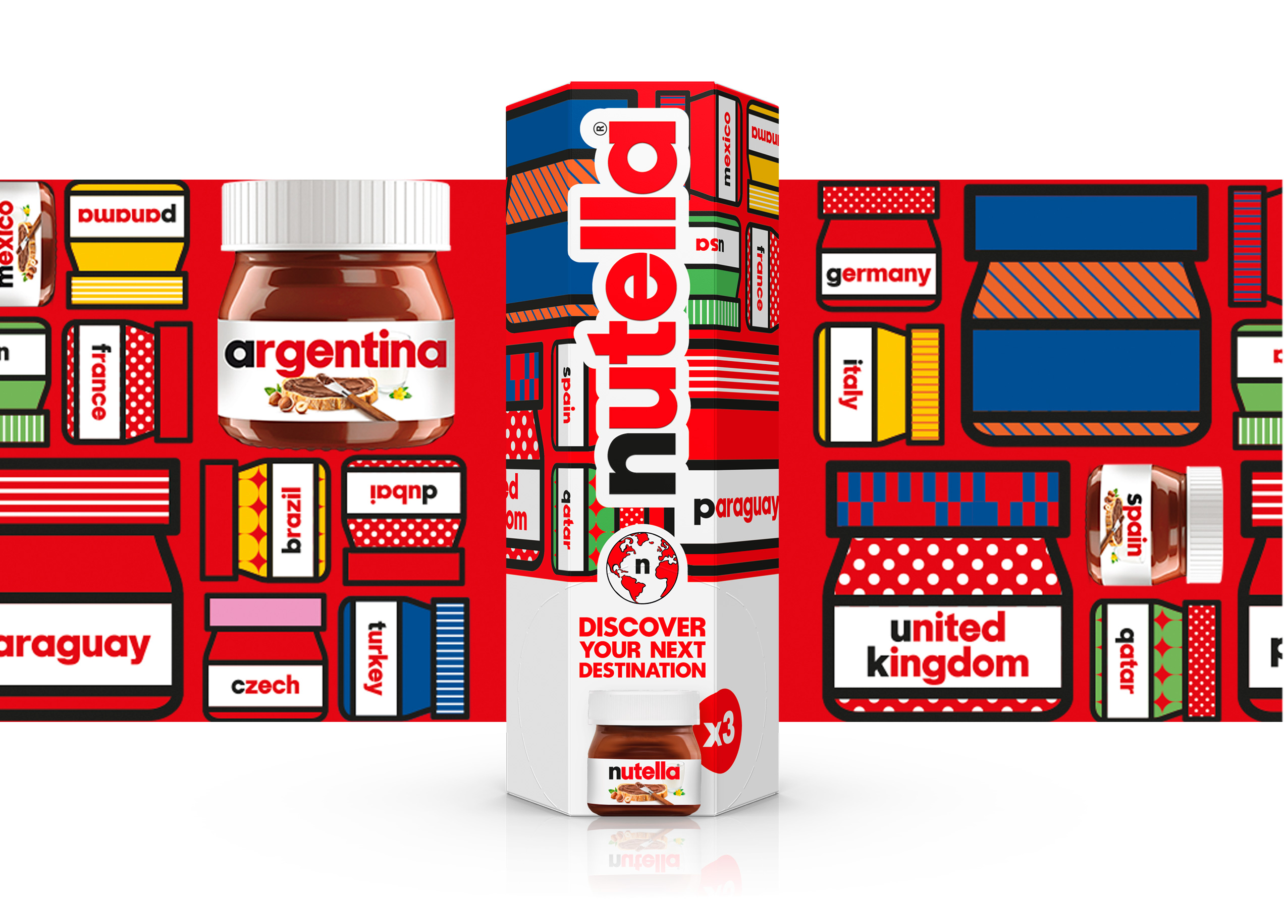 Confezione Nutella ‘Your Next Destination’ con barattolo Argentina in primo piano e grafica illustrata con barattoli colorati sullo sfondo