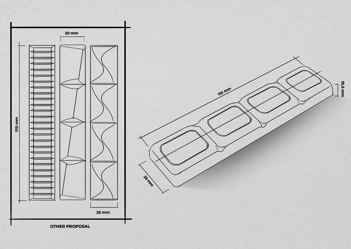 Disegno tecnico con proposte di design per la forma della barretta Mr. Bite Choco