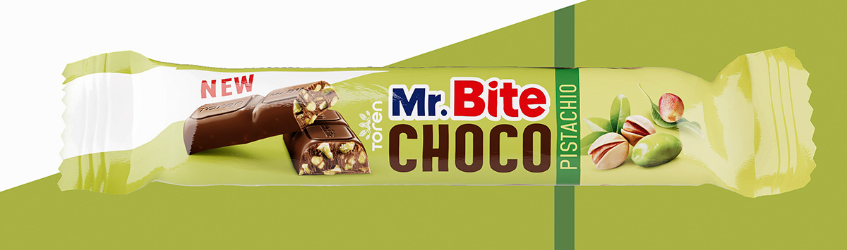 Barretta Mr. Bite Choco Pistachio con ripieno e pistacchi su sfondo verde