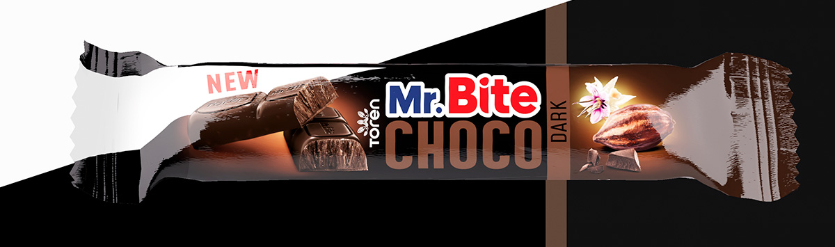 Barretta Mr. Bite Choco Dark con ripieno e fave di cacao su sfondo nero