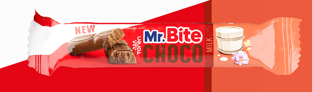 Barretta Mr. Bite Choco Milk con ripieno e secchiello di latte su sfondo rosso