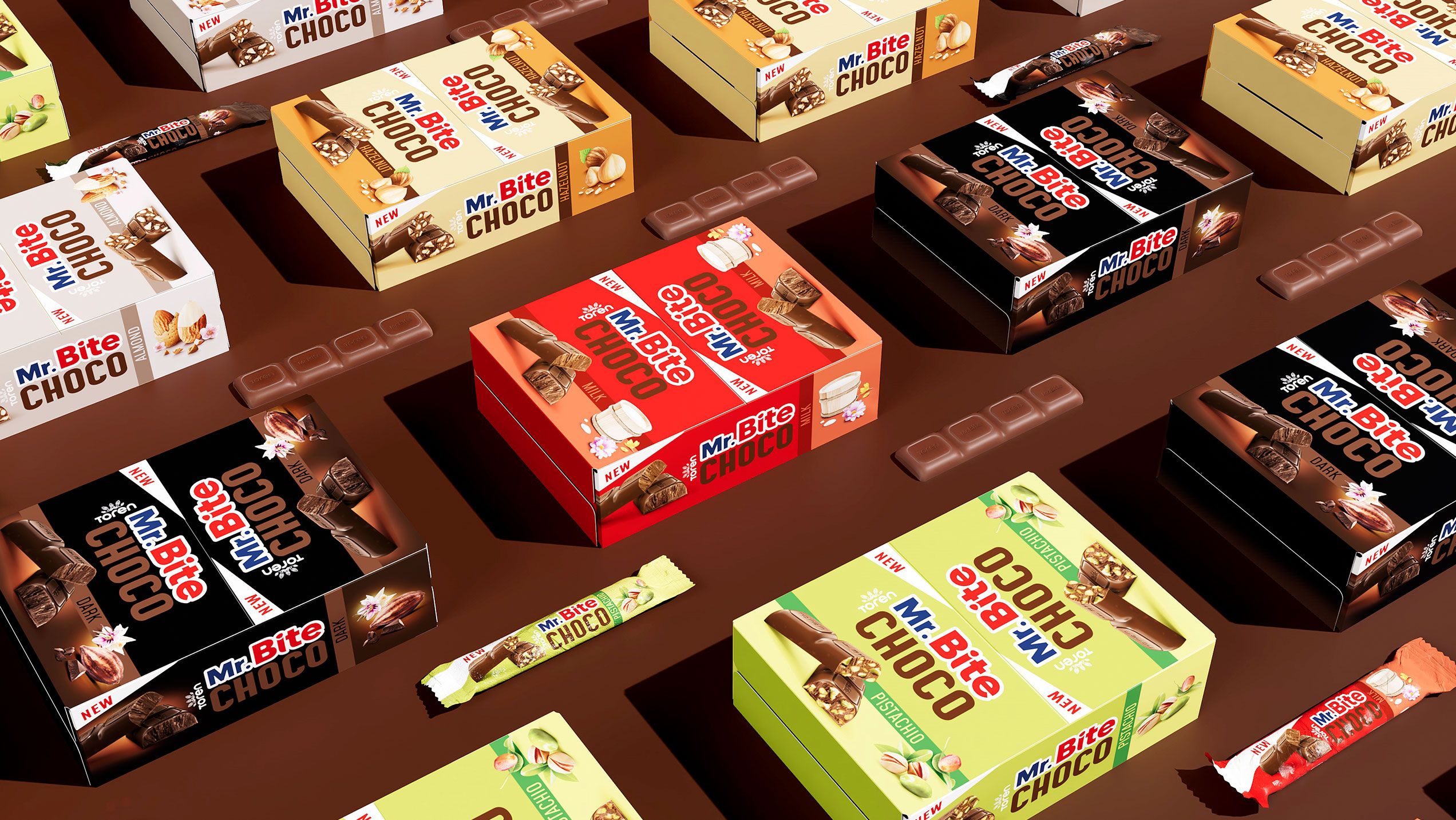 Scatole multipack Mr. Bite Choco in diversi gusti su superficie a tema cioccolato