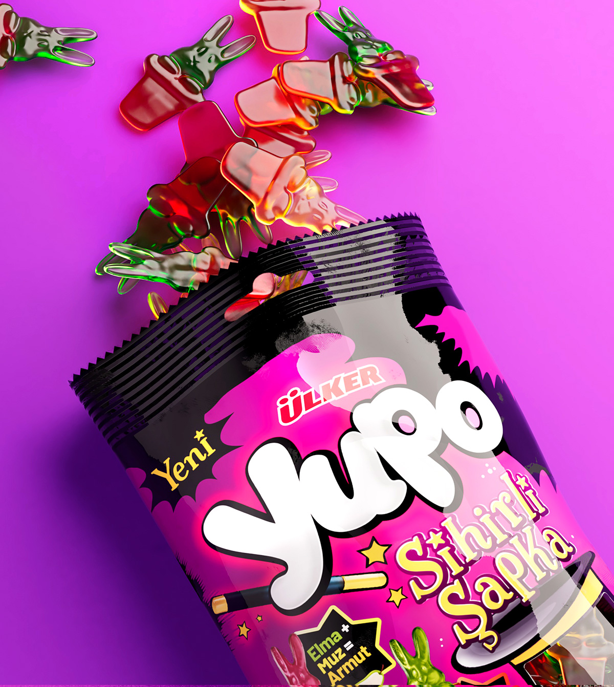 Caramelle a forma di coniglio che fuoriescono in volo da una confezione Yupo Sihirli Şapka aperta, su sfondo rosa acceso