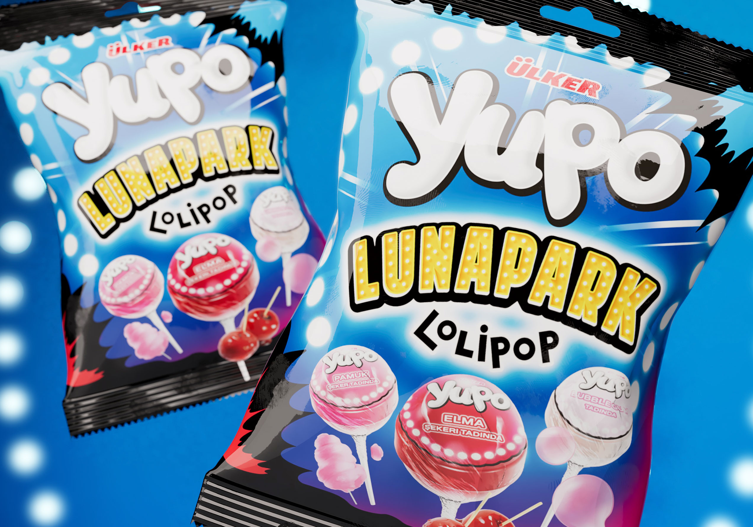 Due confezioni Yupo Lunapark Lollipop su sfondo blu elettrico, con illustrazioni dei lecca-lecca nei gusti mela, fragola e zucchero filato